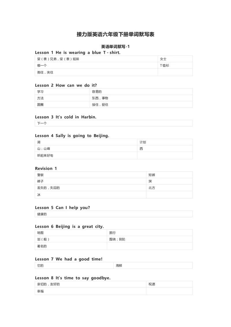 接力版英语六年级下册单词默写表_26春四年级上下册人教版_四上英语合集人教版PEP英语四年级上册新教材（教学视频+课件+动画+音频+练习+教案）_17练习资料_《小学英语单词默写表》