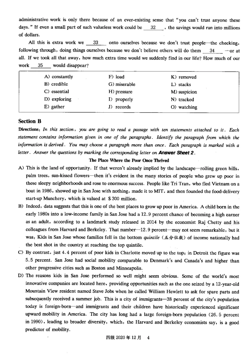 四级真题2017-2020一键打印版_大学英语四六级_大学英语四级+六级_四级真题