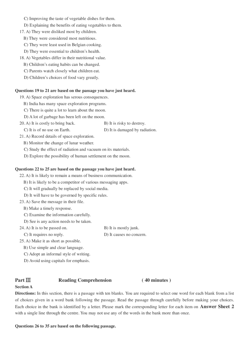四级真题2017-2020一键打印版_大学英语四六级_大学英语四级+六级_四级真题