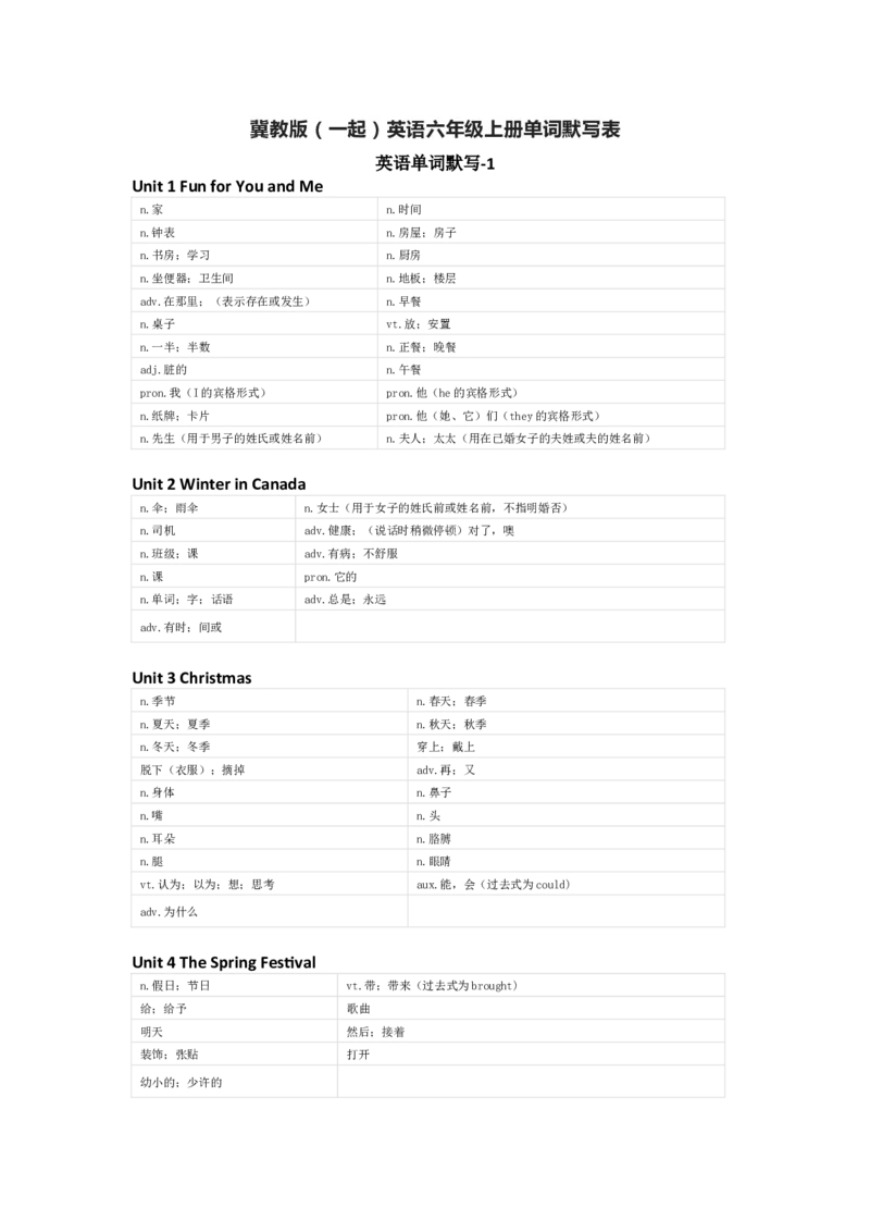 冀教版（一起）英语六年级上册单词默写表_26春四年级上下册人教版_四上英语合集人教版PEP英语四年级上册新教材（教学视频+课件+动画+音频+练习+教案）_17练习资料_冀教版（一起）