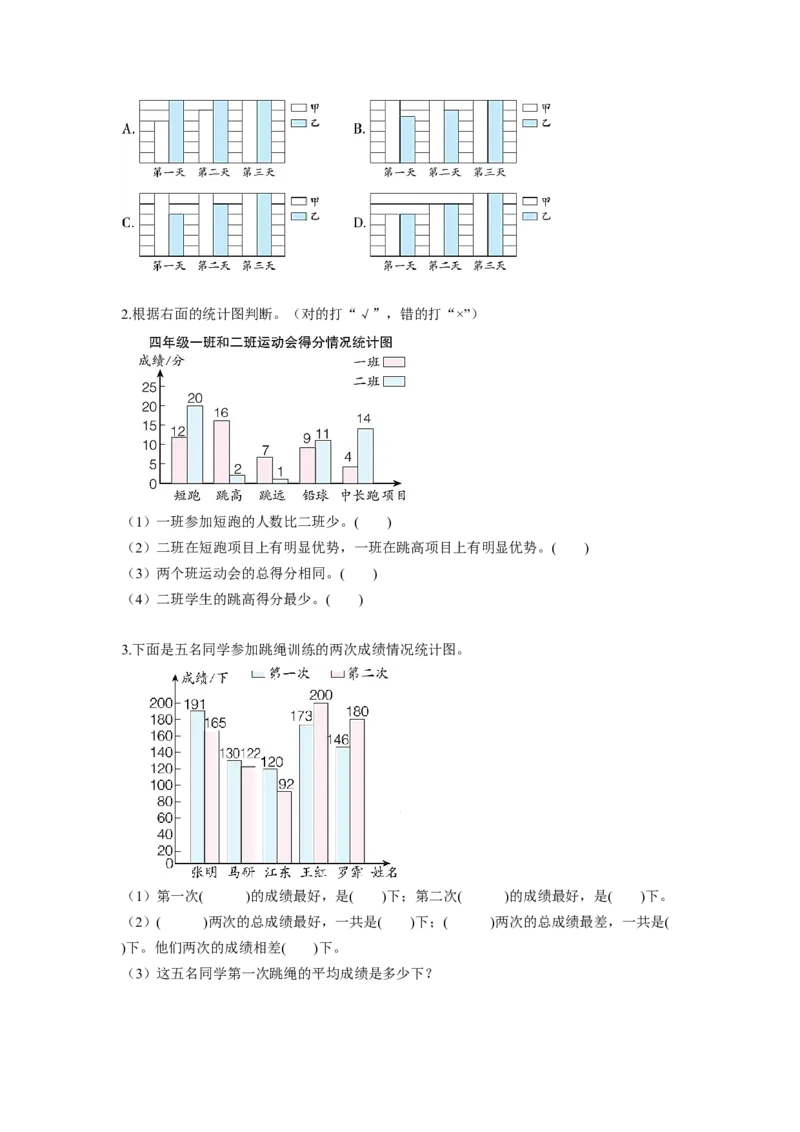 第八单元第2课时复式条形统计图（分层作业）-四年级数学下册人教版_2026春人教版数学四年级下册_四下人教数学_四年级下册_分层作业