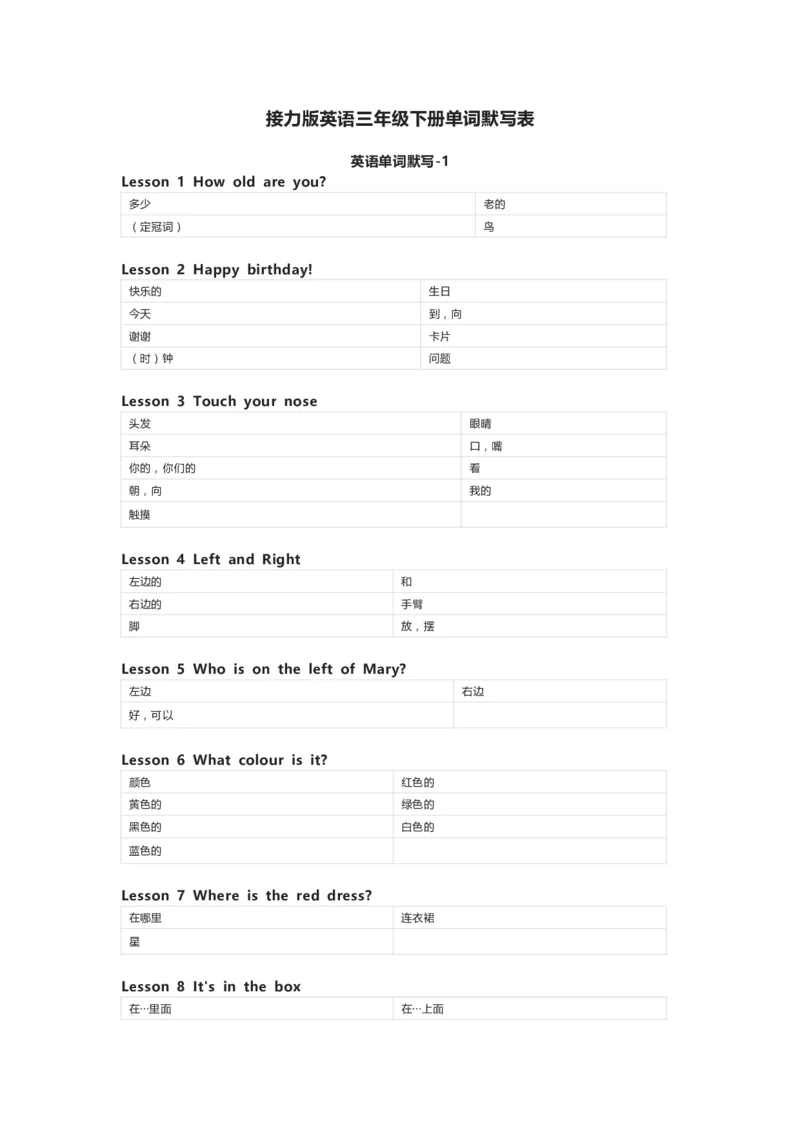 接力版英语三年级下册单词默写表_26春四年级上下册人教版_四上英语合集人教版PEP英语四年级上册新教材（教学视频+课件+动画+音频+练习+教案）_17练习资料_《小学英语单词默写表》