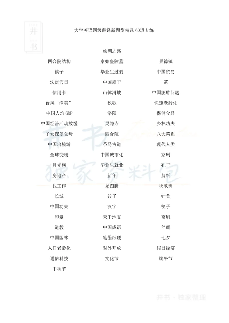 大学英语四级翻译新题型精选60道_大学英语四六级_赠送_四六级作文模板+单词_阅读