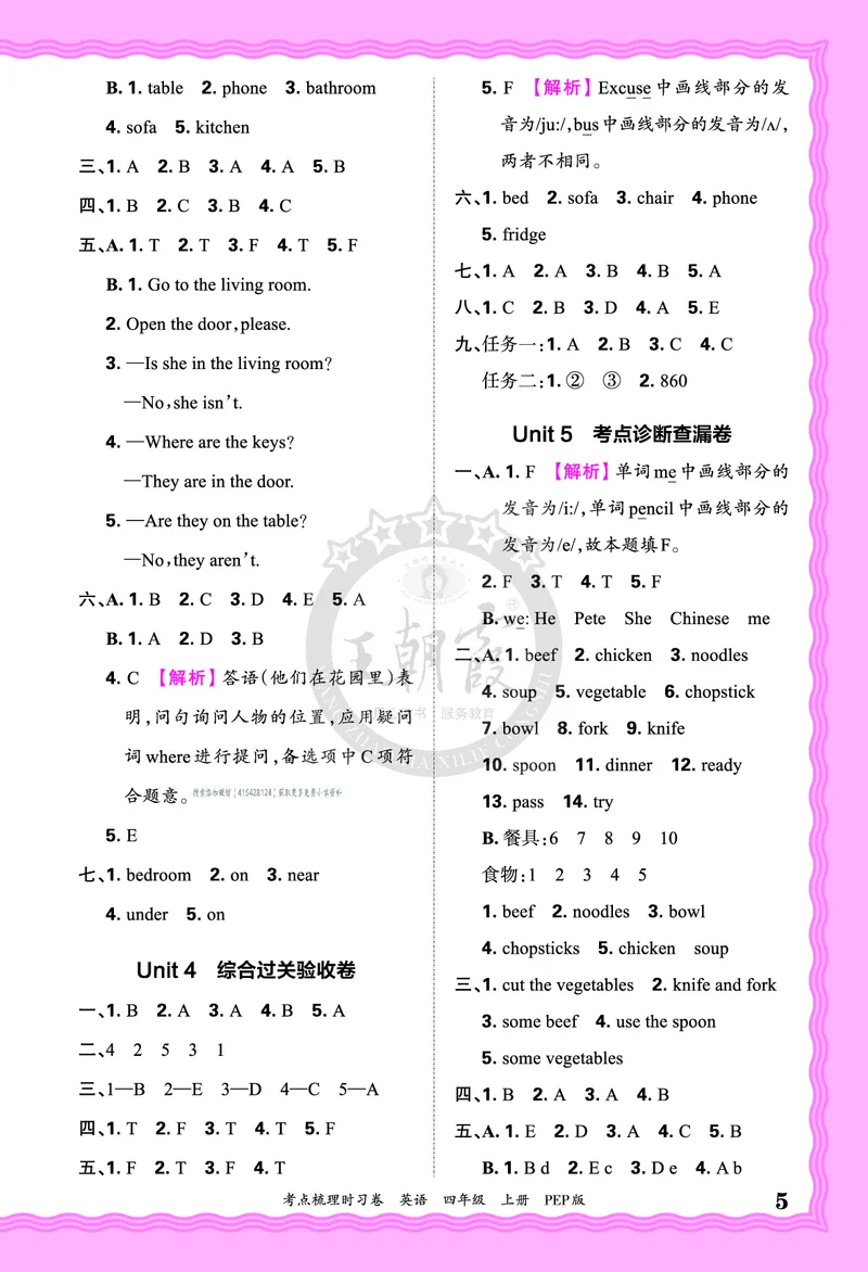 四年级英语上册人教PEP版24秋《王朝霞考点梳理时习卷》答案_26春四年级上下册人教版_四上英语合集人教版PEP英语四年级上册新教材（教学视频+课件+动画+音频+练习+教案）_17练习资料