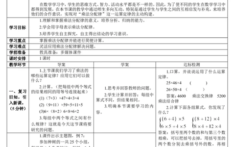 第5课时乘法分配律_2026春人教版数学四年级下册_四下人教数学_四年级下册_教案_教案2+导学案人教四下数学_导学案_3运算定律