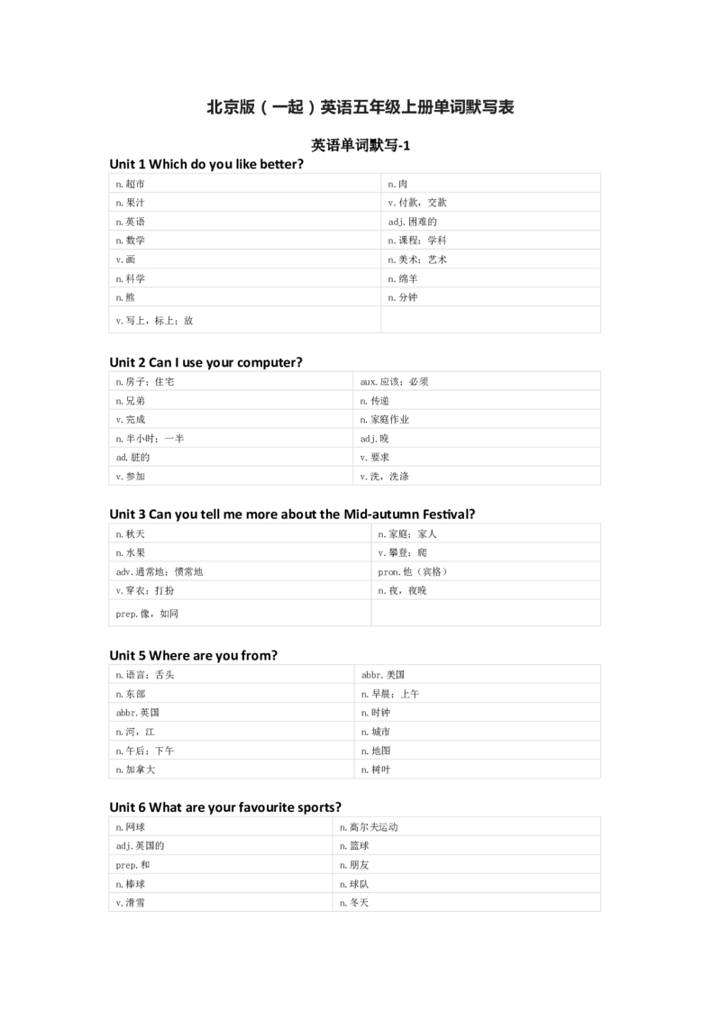 北京版（一起）英语五年级上册单词默写表_26春四年级上下册人教版_四上英语合集人教版PEP英语四年级上册新教材（教学视频+课件+动画+音频+练习+教案）_17练习资料_北京版