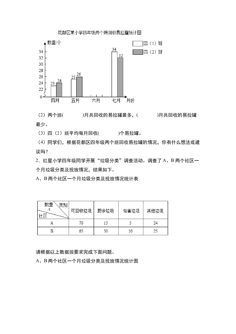 第八单元平均数与条形统计图&middot;单元复习篇-四年级数学下册（原卷版）人教版_2026春人教版数学四年级下册_四下人教数学_四年级下册_单元复习讲义