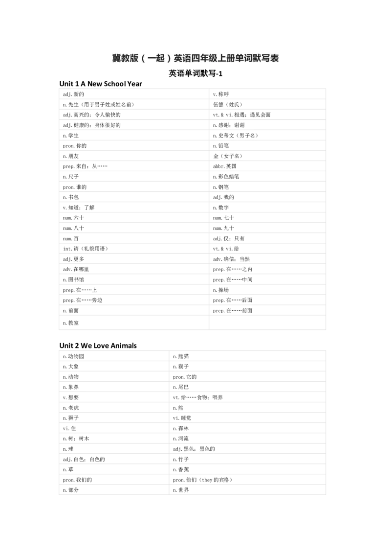 冀教版（一起）英语四年级上册单词默写表_26春四年级上下册人教版_四上英语合集人教版PEP英语四年级上册新教材（教学视频+课件+动画+音频+练习+教案）_17练习资料_冀教版（一起）
