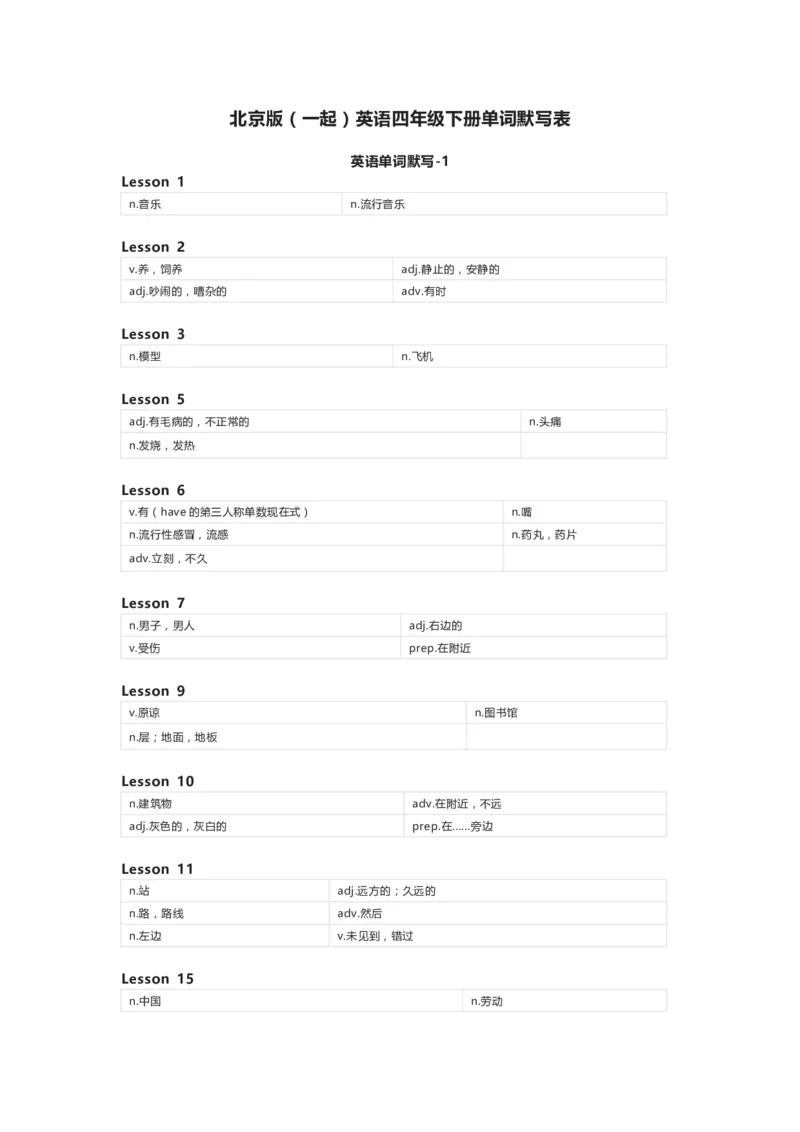 北京版（一起）英语四年级下册单词默写表_26春四年级上下册人教版_四上英语合集人教版PEP英语四年级上册新教材（教学视频+课件+动画+音频+练习+教案）_17练习资料_北京版