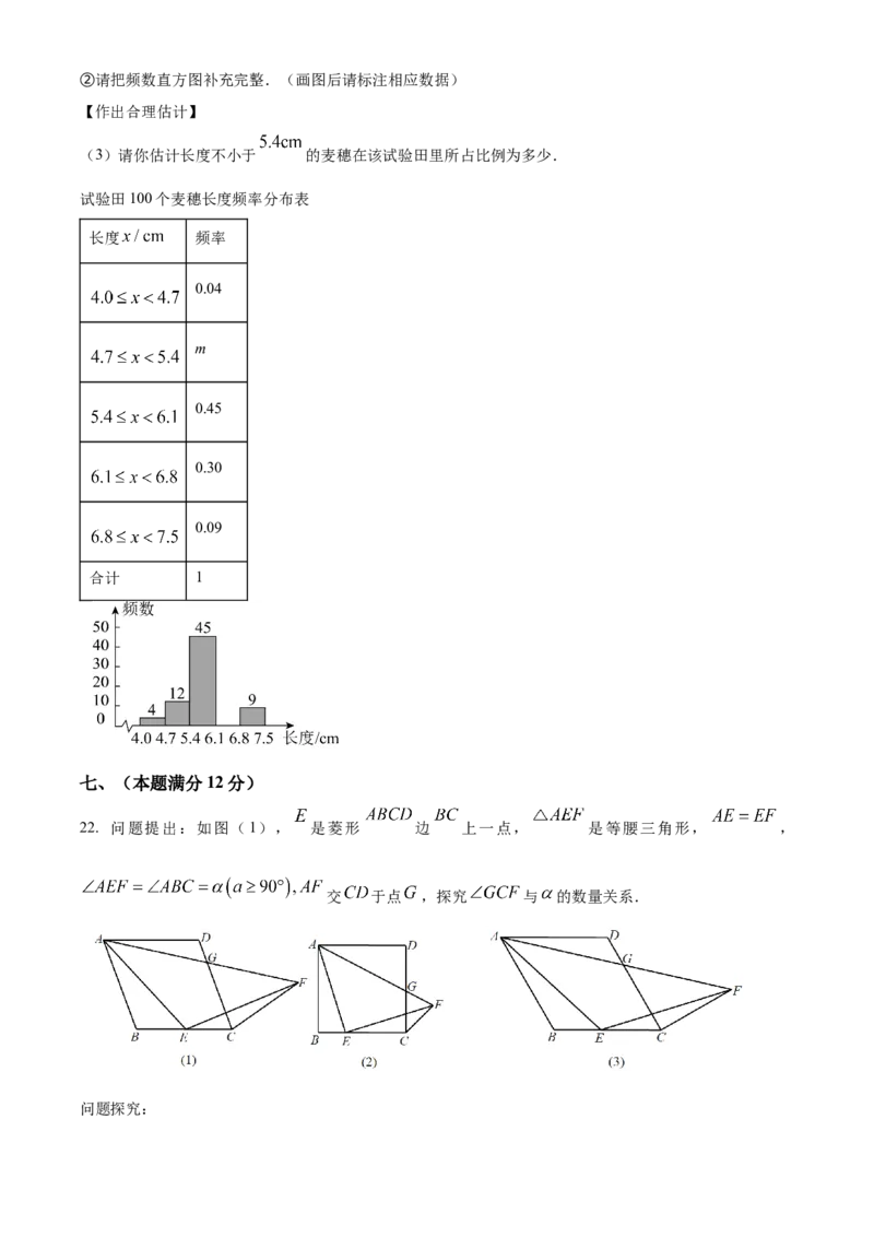 精品解析：2025年安徽省滁州市天长市中考三模数学试题（原卷版）_2025年安徽省中考模拟试卷数学_2025年安徽数学三模卷68份_精品解析：2025年安徽省滁州市天长市中考三模数学试题