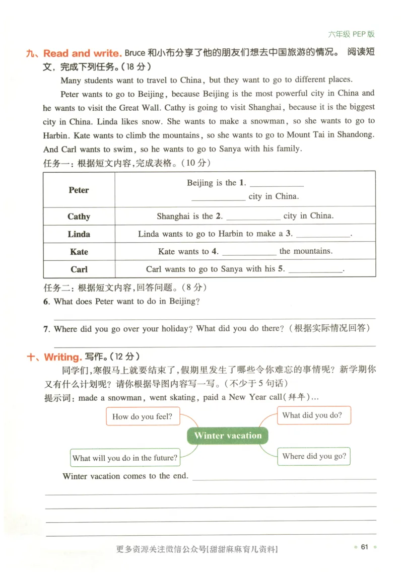六年级英语人教PEP25版《一本寒假衔接》_26春四年级上下册人教版_四上英语合集人教版PEP英语四年级上册新教材（教学视频+课件+动画+音频+练习+教案）_17练习资料