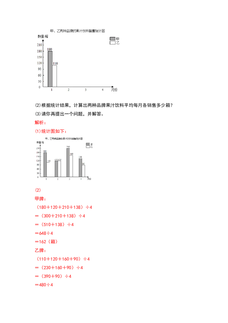 四年级数学下册典型例题系列之第八单元平均数与条形统计图（解析版）人教版_2026春人教版数学四年级下册_四下人教数学_四年级下册_专项练习
