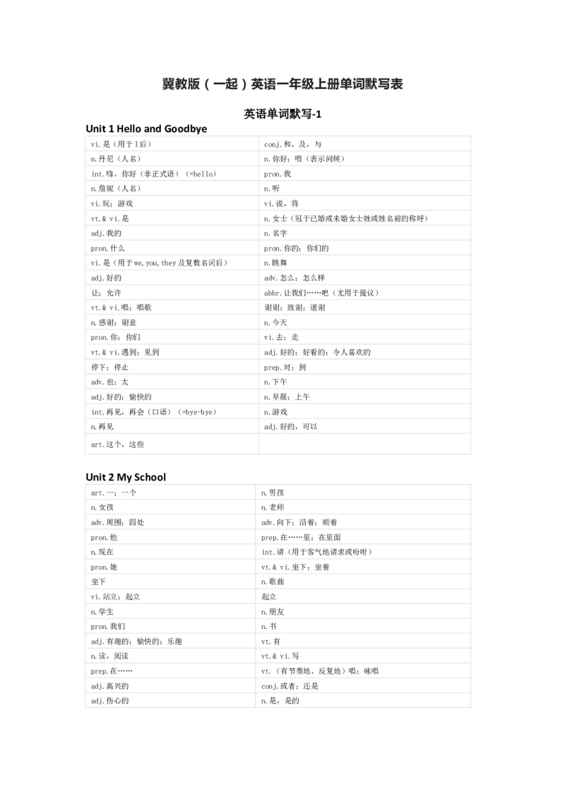 冀教版（一起）英语一年级上册单词默写表_26春四年级上下册人教版_四上英语合集人教版PEP英语四年级上册新教材（教学视频+课件+动画+音频+练习+教案）_17练习资料_冀教版（一起）