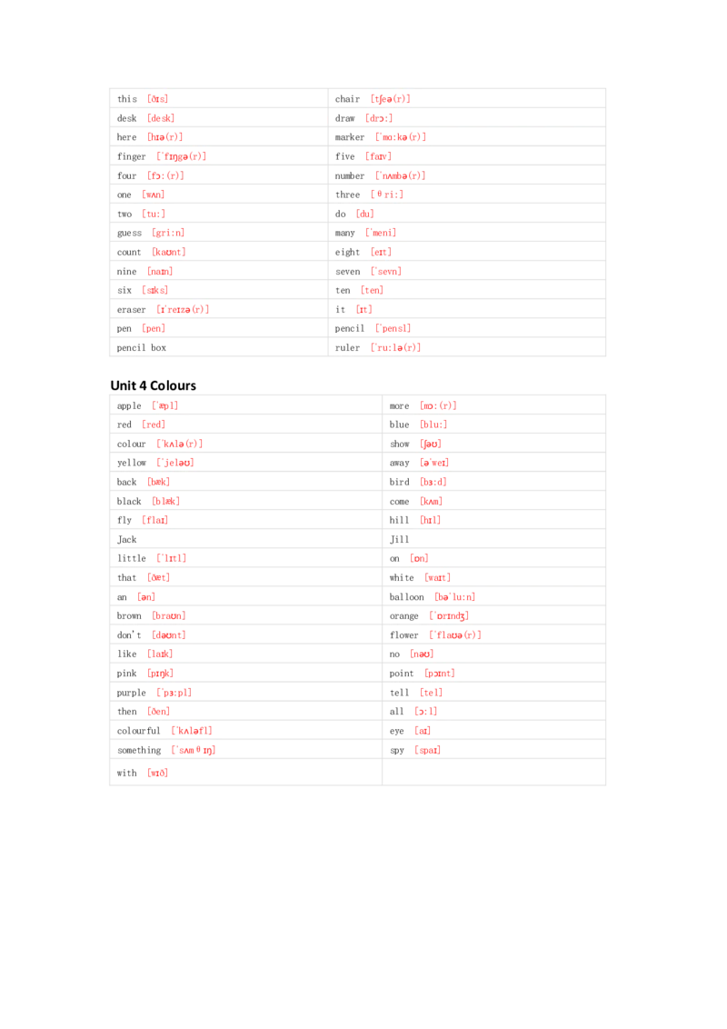 冀教版（一起）英语一年级上册单词默写表_26春四年级上下册人教版_四上英语合集人教版PEP英语四年级上册新教材（教学视频+课件+动画+音频+练习+教案）_17练习资料_冀教版（一起）