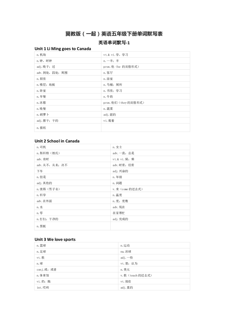 冀教版（一起）英语五年级下册单词默写表_26春四年级上下册人教版_四上英语合集人教版PEP英语四年级上册新教材（教学视频+课件+动画+音频+练习+教案）_17练习资料_冀教版（一起）