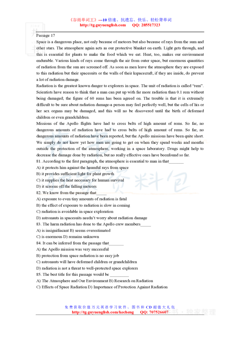 四级阅读理解练习材料_大学英语四六级_赠送_四六级作文模板+单词_阅读