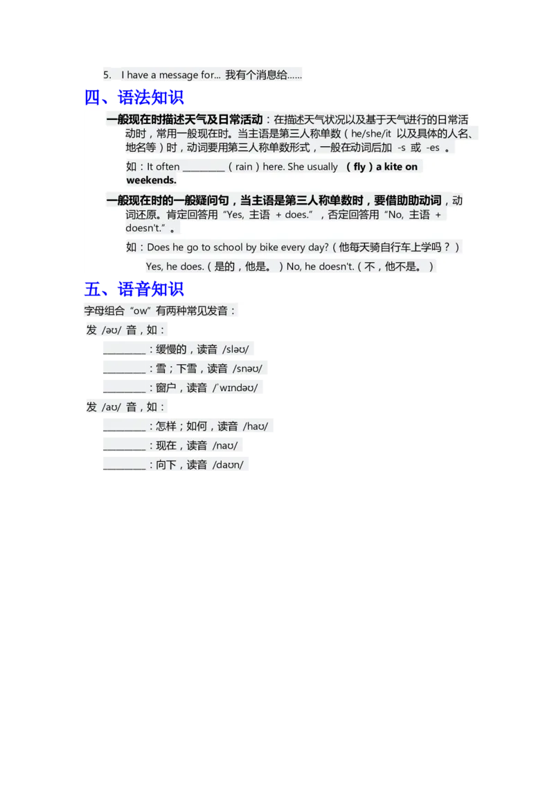 知识清单Unit5默写版_26春四年级上下册人教版_四上英语合集人教版PEP英语四年级上册新教材（教学视频+课件+动画+音频+练习+教案）_13知识清单（word）