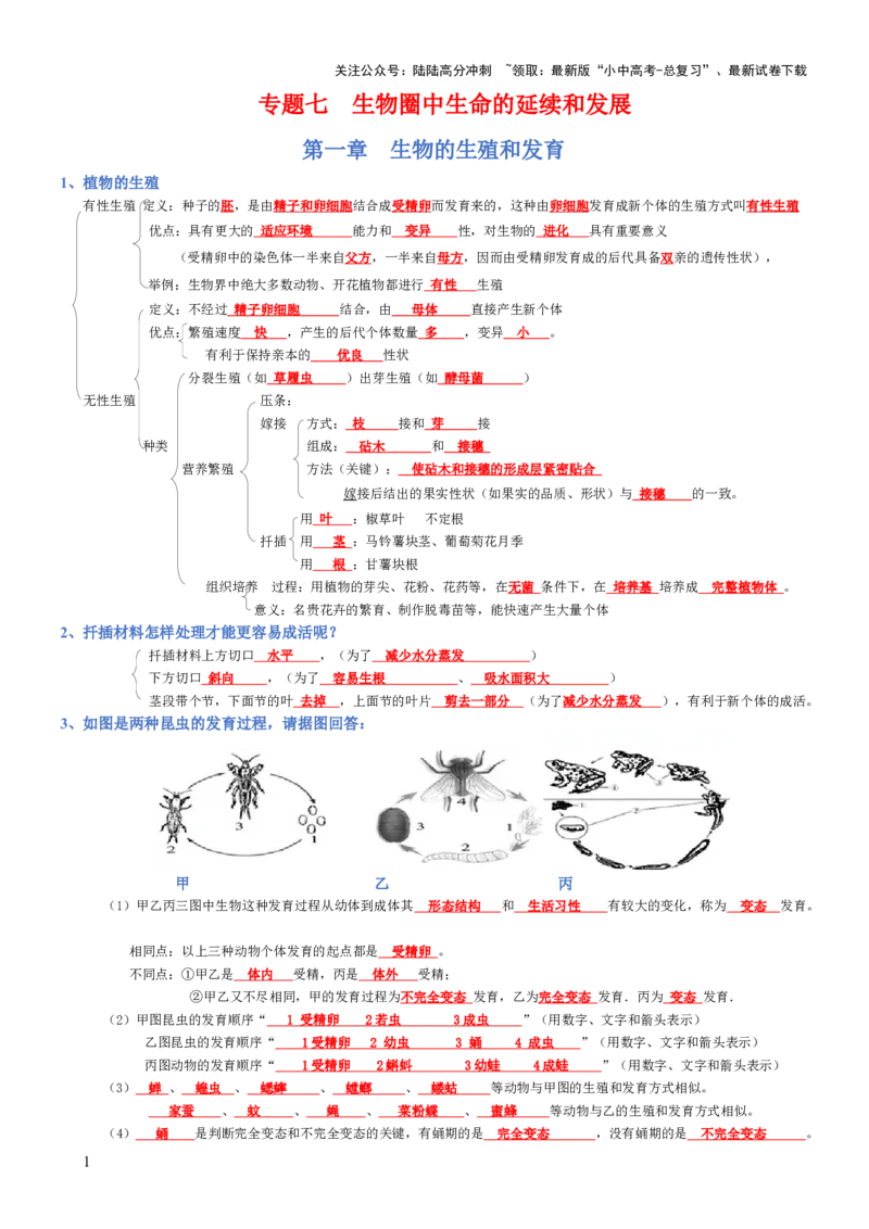 专题07生物圈中生命的延续和发展（背诵版）_02中考总复习（2026版更新中）_08-生物-中考总复习_2025中考复习资料_2025年中考生物知识梳理_专题07生物圈中生命的延续和发展