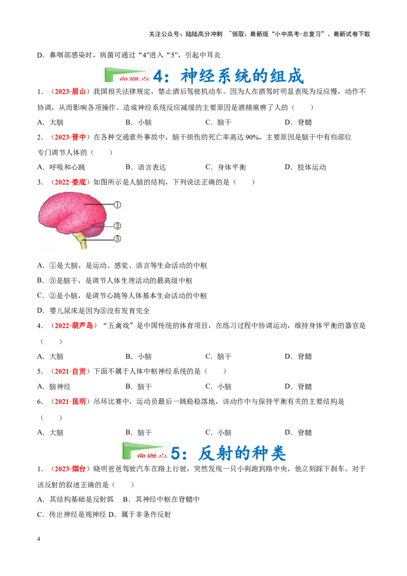 专题08&nbsp;人体生命活动的调节（原卷版）_02中考总复习（2026版更新中）_08-生物-中考总复习_2024年中考复习资料_专项复习_完三年（2021-2023）中考生物真题分项汇编（全国通用）