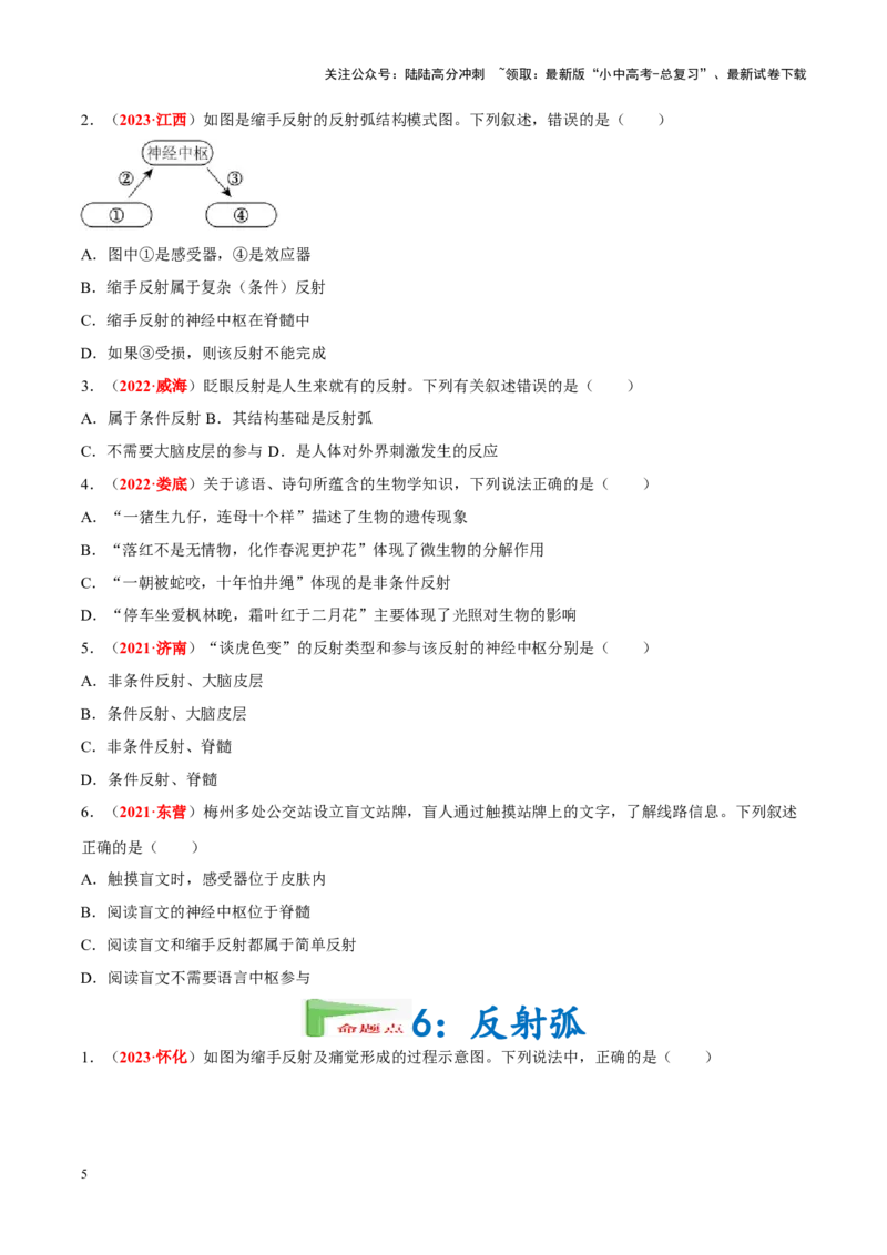 专题08&nbsp;人体生命活动的调节（原卷版）_02中考总复习（2026版更新中）_08-生物-中考总复习_2024年中考复习资料_专项复习_完三年（2021-2023）中考生物真题分项汇编（全国通用）