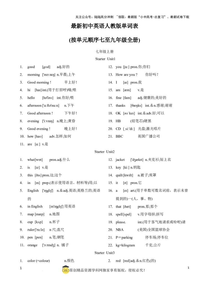 专题2.初中英语人教新目标版单词表(按单元顺序)(七至九年级)（背诵版）_02中考总复习（2026版更新中）_03-英语-中考总复习_2024年中考复习资料_一轮复习_单词表