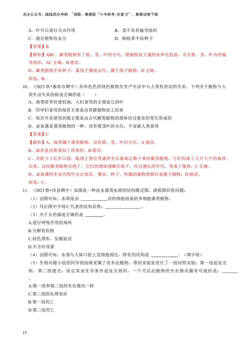 专题07生物圈中有哪些绿色植物（解析版）_02中考总复习（2026版更新中）_08-生物-中考总复习_2024年中考复习资料_专项复习_备战2024年中考生物真题题源解密