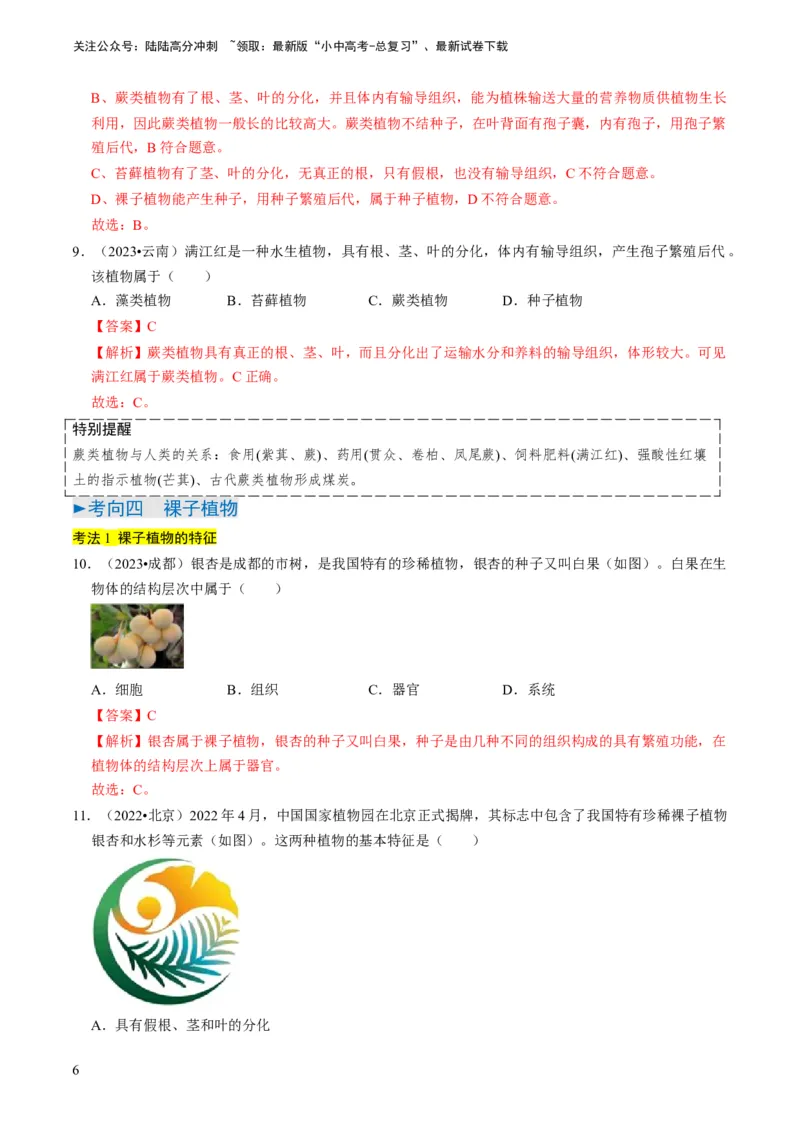 专题07生物圈中有哪些绿色植物（解析版）_02中考总复习（2026版更新中）_08-生物-中考总复习_2024年中考复习资料_专项复习_备战2024年中考生物真题题源解密