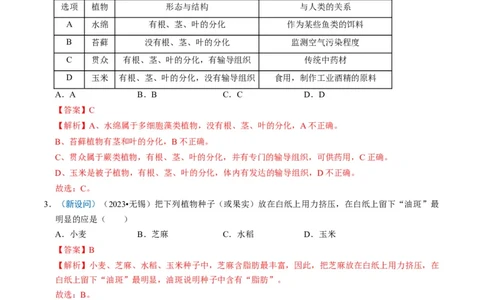 专题07生物圈中有哪些绿色植物（解析版）_02中考总复习（2026版更新中）_08-生物-中考总复习_2024年中考复习资料_专项复习_备战2024年中考生物真题题源解密