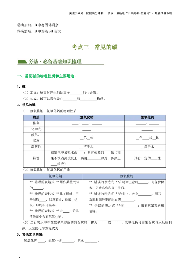 专题07常见的酸和碱（讲义）-2024年中考化学一轮复习讲练测（全国通用）（原卷版）_02中考总复习（2026版更新中）_05-化学-中考总复习_2024年中考复习资料_一轮复习资料