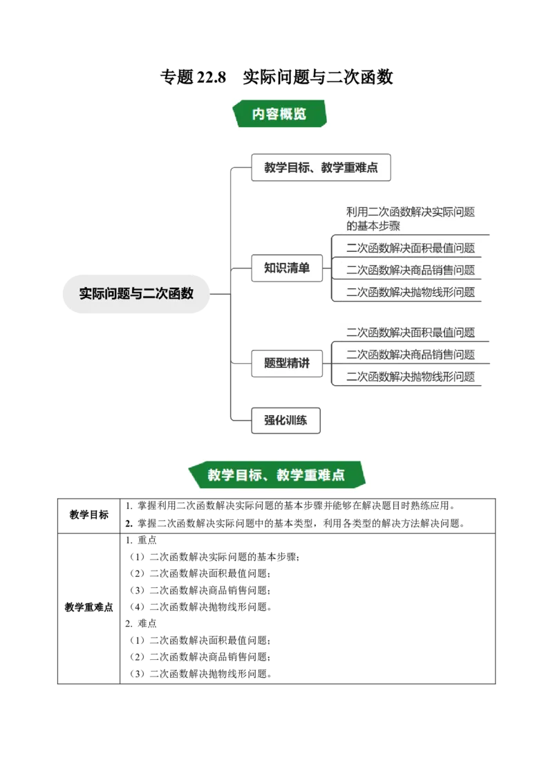 专题22.8实际问题与二次函数（高效培优讲义）（教师版）_初中数学_九年级数学上册（人教版）_同步讲义-U18_2026版