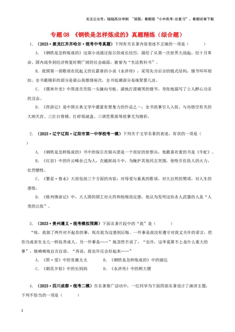 专题08《钢铁是怎样炼成的》真题精练（综合题）（原卷版）－备战2024年中考语文名著阅读知识（考点）梳理+真题演练_02中考总复习（2026版更新中）_01-语文-中考总复习_2024年中考资料