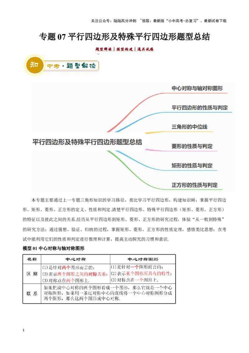 专题07平行四边形及特殊平行四边形题型总结（解析版）_02中考总复习（2026版更新中）_02-数学-中考总复习_2024年中考复习资料_二轮复习资料_完2024年中考数学解题技巧模板