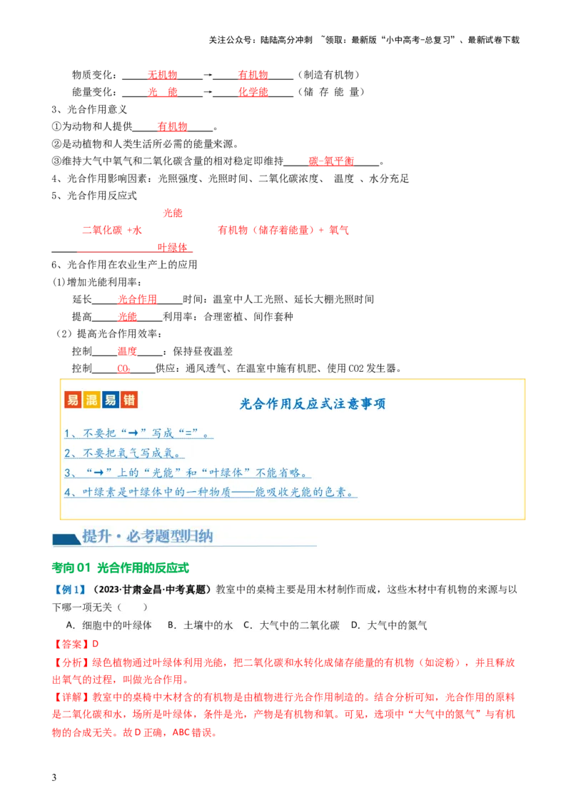 专题07绿色植物的光合作用（讲义）（解析版）_02中考总复习（2026版更新中）_08-生物-中考总复习_2024年中考复习资料_一轮复习_❤2024年中考生物一轮复习讲练测（全国通用）_讲义