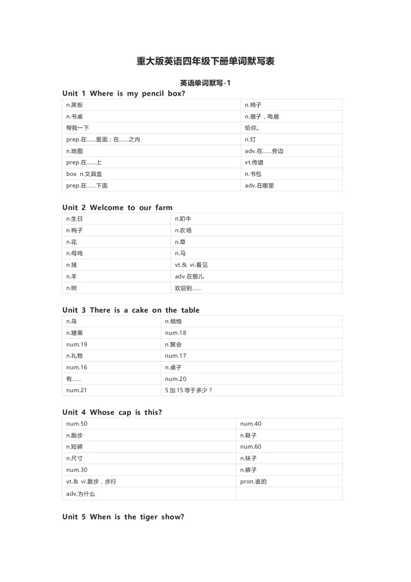 重大版英语四年级下册单词默写表_26春四年级上下册人教版_四上英语合集人教版PEP英语四年级上册新教材（教学视频+课件+动画+音频+练习+教案）_17练习资料_《小学英语单词默写表》
