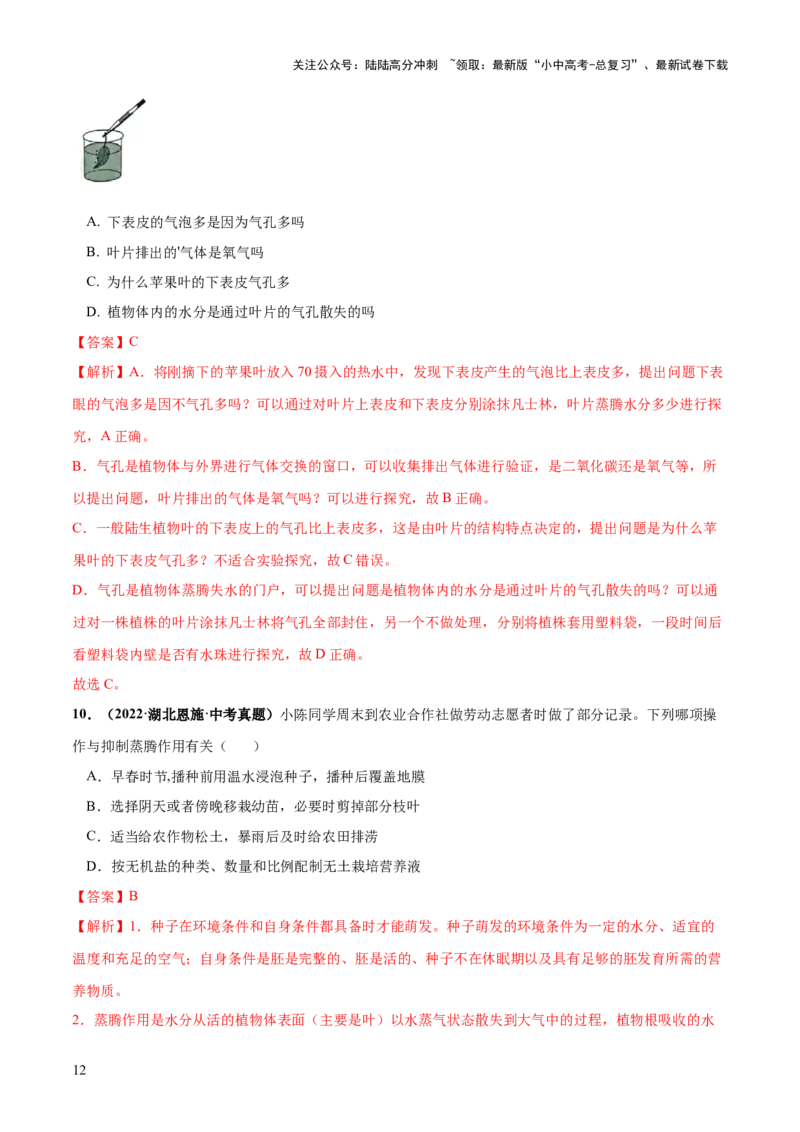 专题06绿色植物与生物圈的水循环（练习）（解析版）_02中考总复习（2026版更新中）_08-生物-中考总复习_2024年中考复习资料_一轮复习_❤2024年中考生物一轮复习讲练测（全国通用）_练习