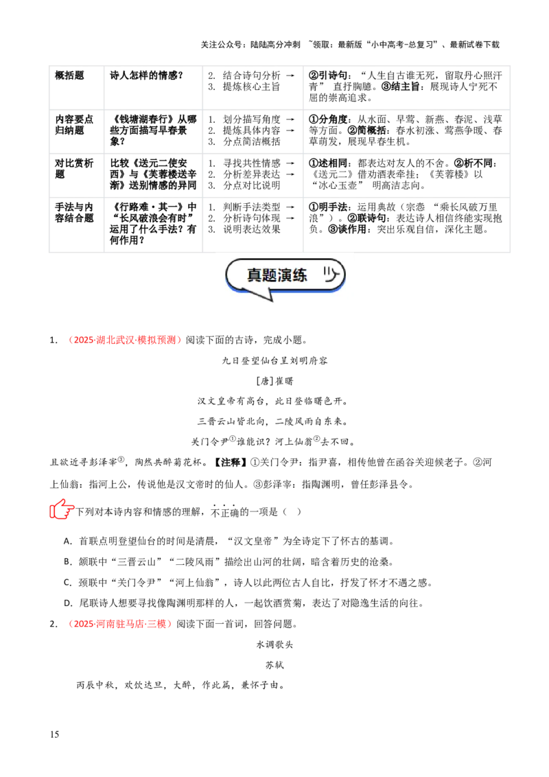专题06：古诗词鉴赏之理解内容(讲义）原卷版_02中考总复习（2026版更新中）_01-语文-中考总复习_2026年中考复习（更新中）
