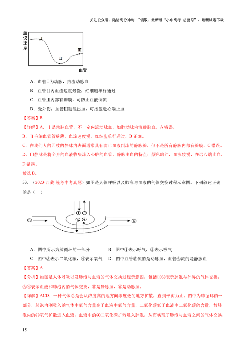 专题12人体内物质的运输（解析版）_02中考总复习（2026版更新中）_08-生物-中考总复习_2024年中考复习资料_一轮复习_❤备战2024年中考生物一轮复习考点帮（全国通用）_练习