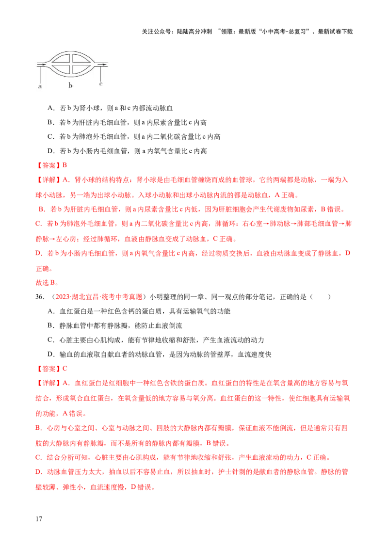 专题12人体内物质的运输（解析版）_02中考总复习（2026版更新中）_08-生物-中考总复习_2024年中考复习资料_一轮复习_❤备战2024年中考生物一轮复习考点帮（全国通用）_练习