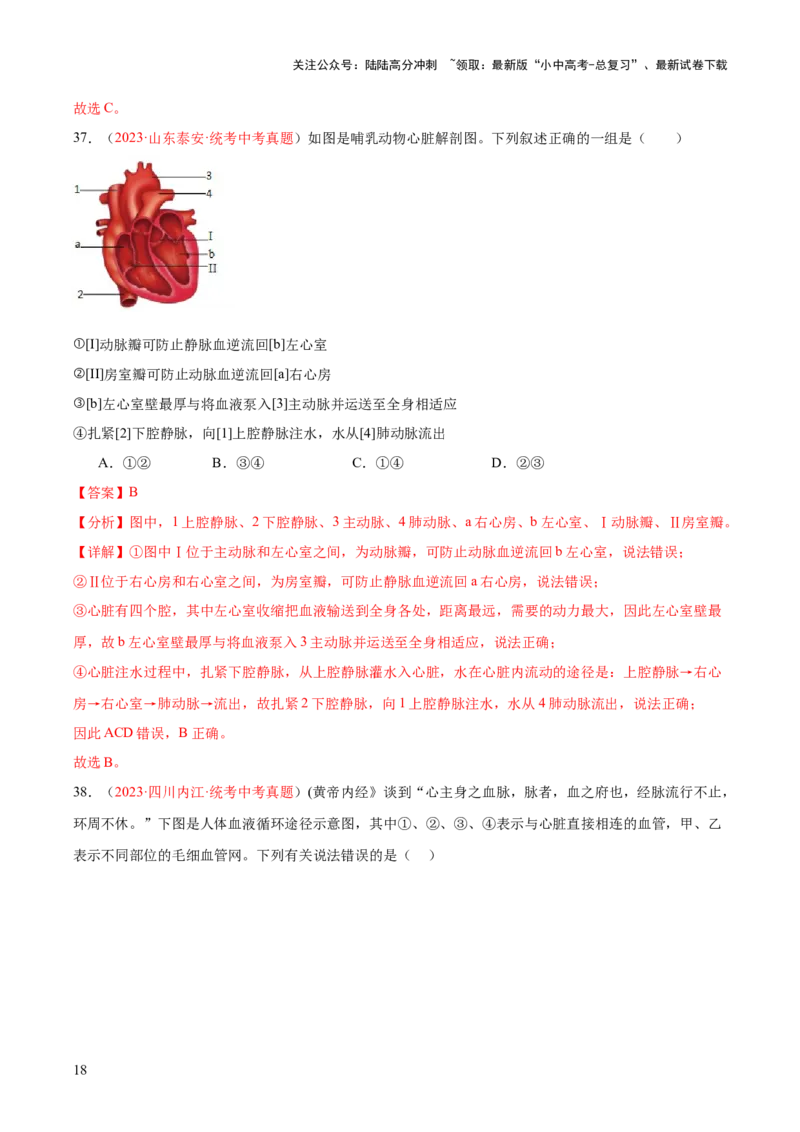 专题12人体内物质的运输（解析版）_02中考总复习（2026版更新中）_08-生物-中考总复习_2024年中考复习资料_一轮复习_❤备战2024年中考生物一轮复习考点帮（全国通用）_练习