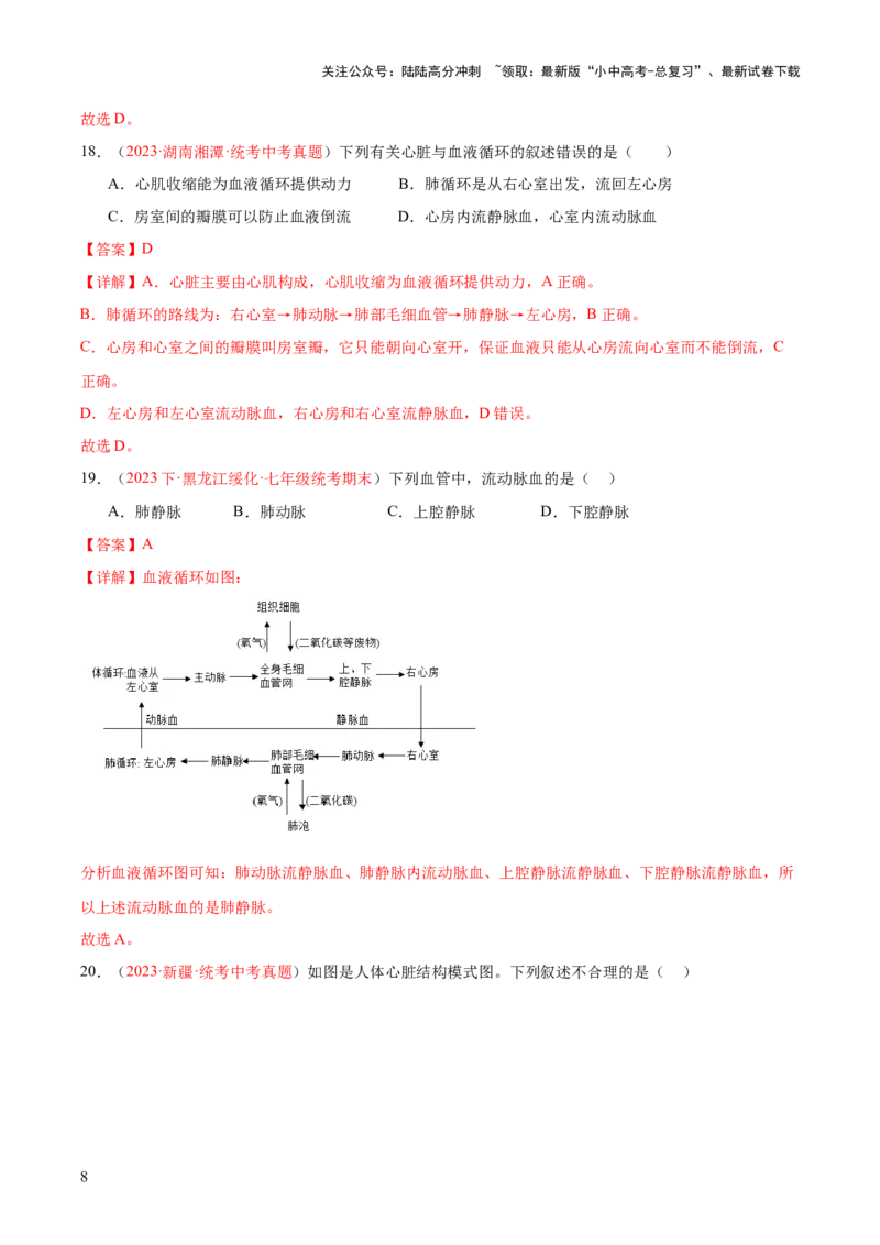 专题12人体内物质的运输（解析版）_02中考总复习（2026版更新中）_08-生物-中考总复习_2024年中考复习资料_一轮复习_❤备战2024年中考生物一轮复习考点帮（全国通用）_练习