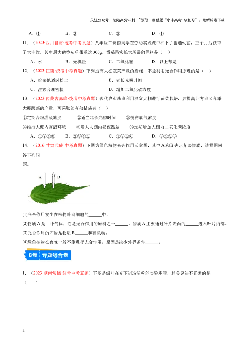 专题07绿色植物的光合作用（原卷版）_02中考总复习（2026版更新中）_08-生物-中考总复习_2024年中考复习资料_一轮复习_❤备战2024年中考生物一轮复习考点帮（全国通用）_练习
