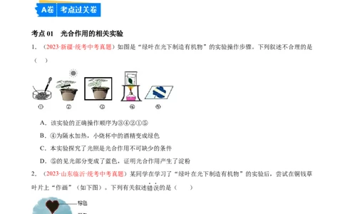 专题07绿色植物的光合作用（原卷版）_02中考总复习（2026版更新中）_08-生物-中考总复习_2024年中考复习资料_一轮复习_❤备战2024年中考生物一轮复习考点帮（全国通用）_练习