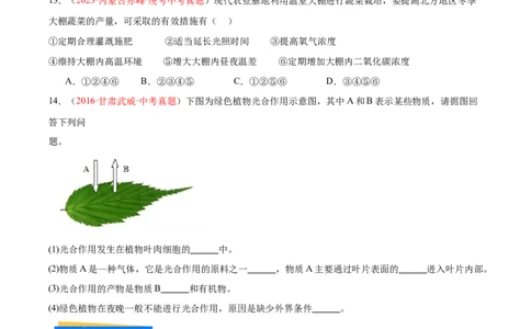 专题07绿色植物的光合作用（原卷版）_02中考总复习（2026版更新中）_08-生物-中考总复习_2024年中考复习资料_一轮复习_❤备战2024年中考生物一轮复习考点帮（全国通用）_练习