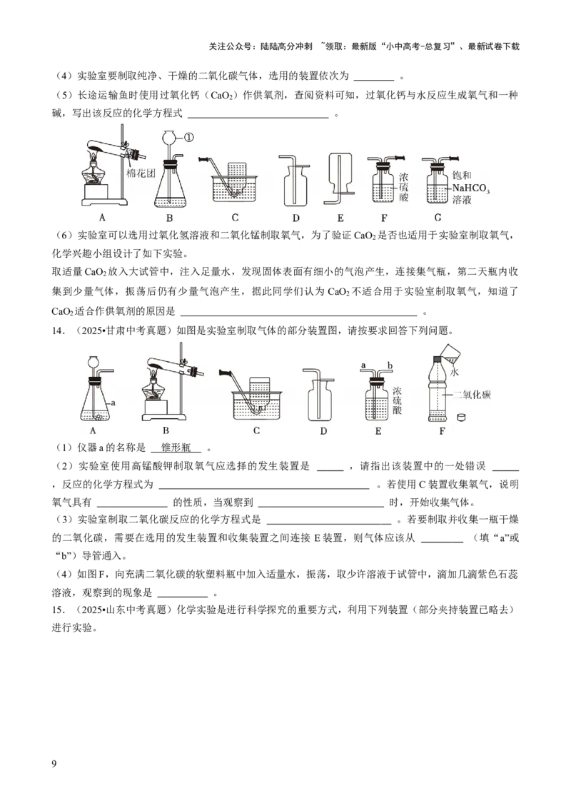 专题15常见气体的制取、净化与干燥（原卷版）_02中考总复习（2026版更新中）_05-化学-中考总复习_2026年中考复习（更新中）_备战2026年中考化学真题题源解密