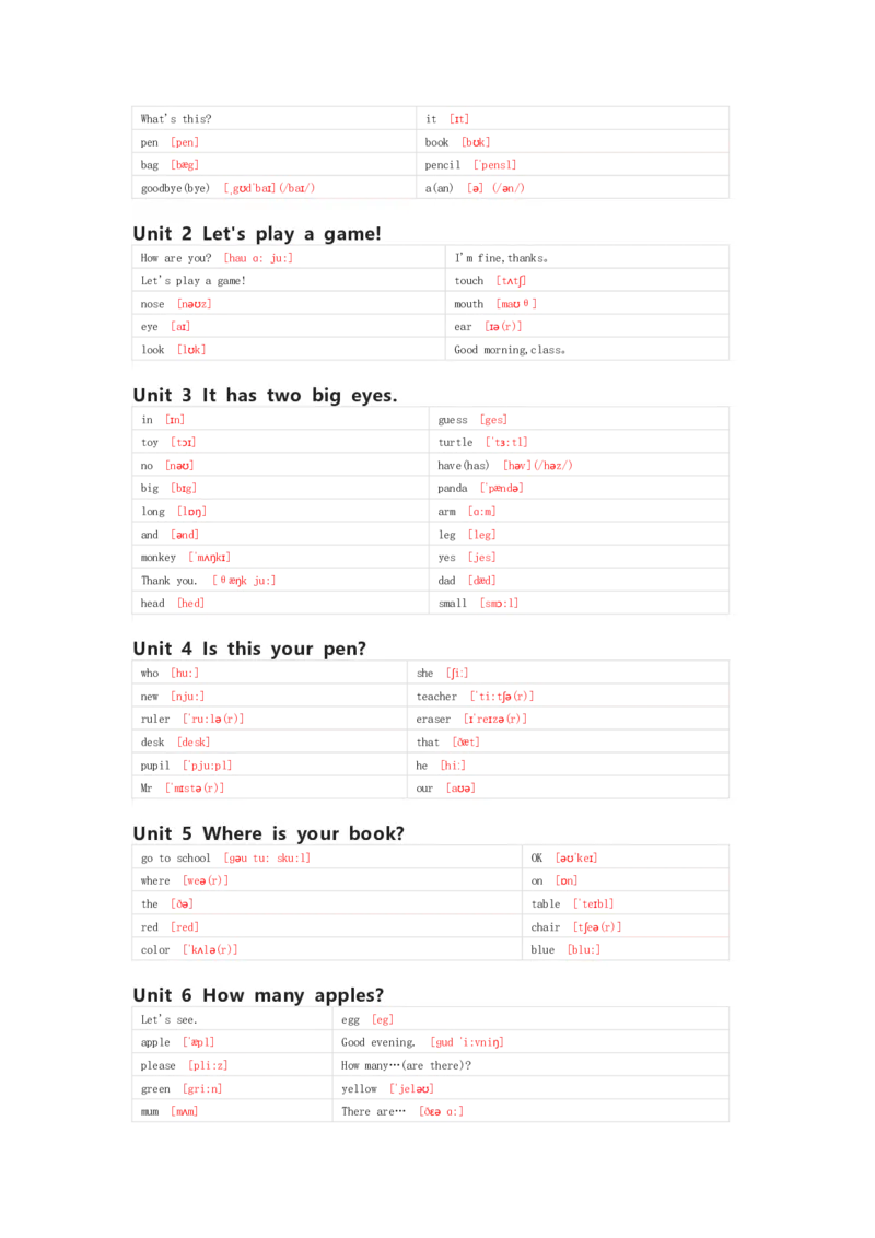 湘鲁版英语三年级上册单词默写表_26春四年级上下册人教版_四上英语合集人教版PEP英语四年级上册新教材（教学视频+课件+动画+音频+练习+教案）_17练习资料_《小学英语单词默写表》