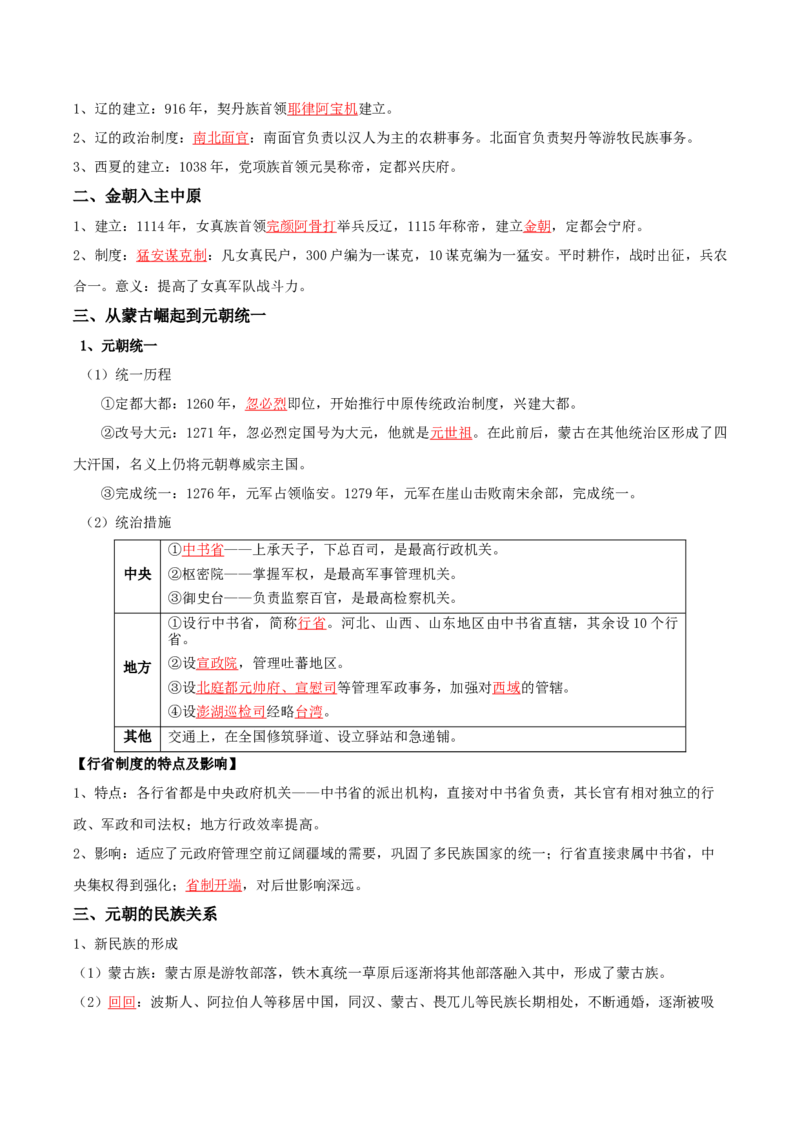 03+辽宋夏金元多民族政权的并立与元朝的统一+-背记手册高中历史全册最新核心知识必背清单（中外历史纲要上、下册）_07高考历史_2024年新高考资料_1.2024一轮复习