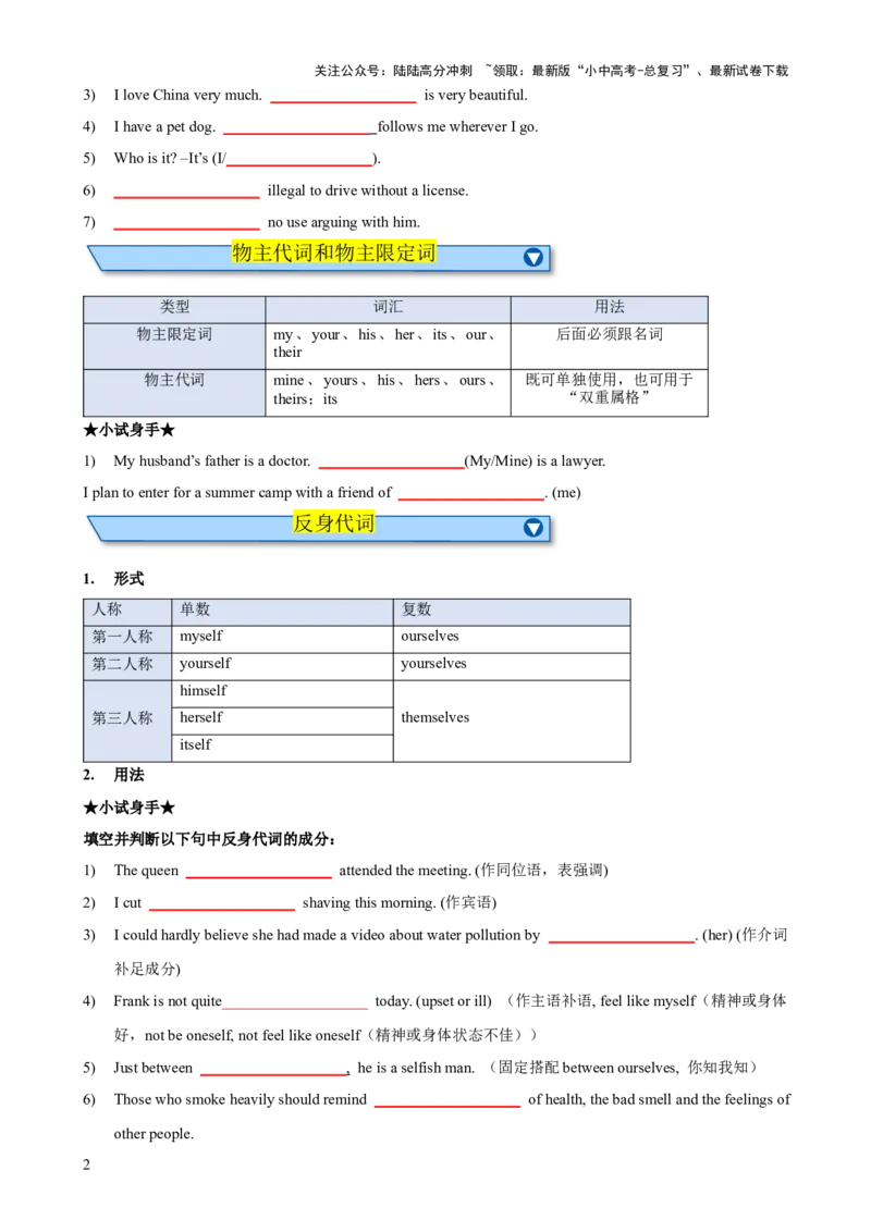 专题07代词和限定词知识梳理-口袋书2024年中考英语一轮复习知识清单（全国通用）（原卷版）_02中考总复习（2026版更新中）_03-英语-中考总复习_2024年中考复习资料_一轮复习