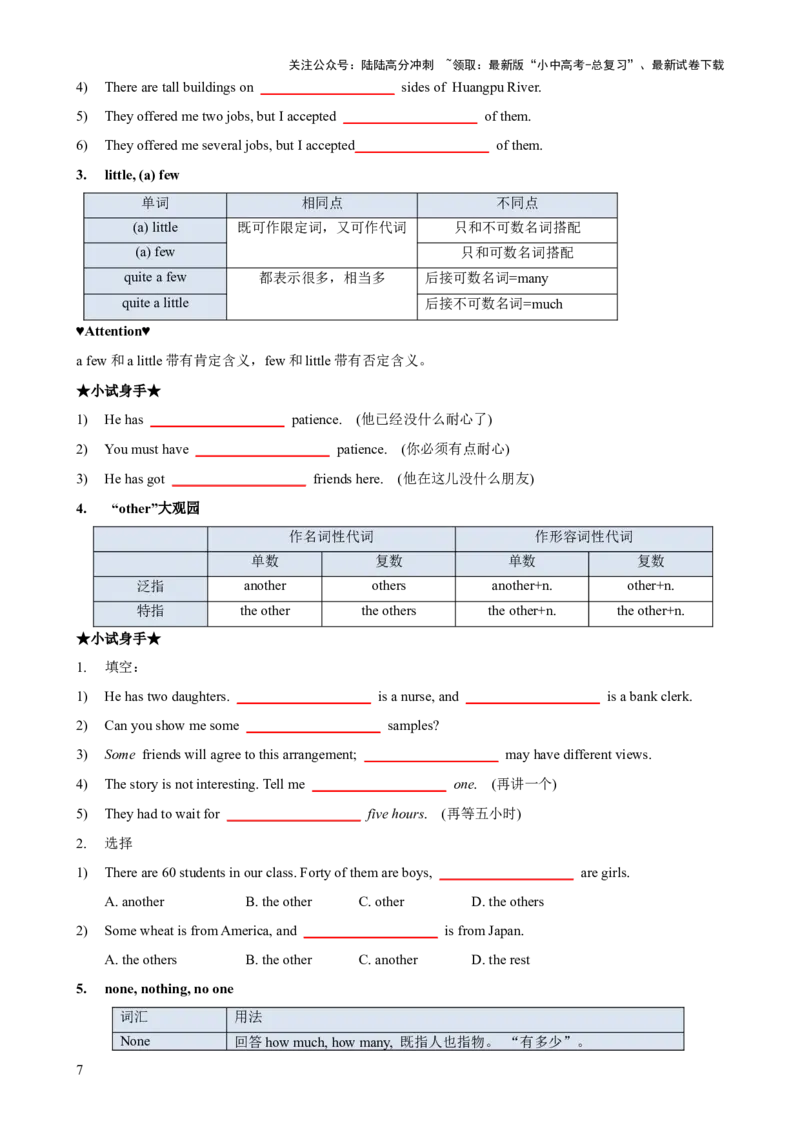 专题07代词和限定词知识梳理-口袋书2024年中考英语一轮复习知识清单（全国通用）（原卷版）_02中考总复习（2026版更新中）_03-英语-中考总复习_2024年中考复习资料_一轮复习