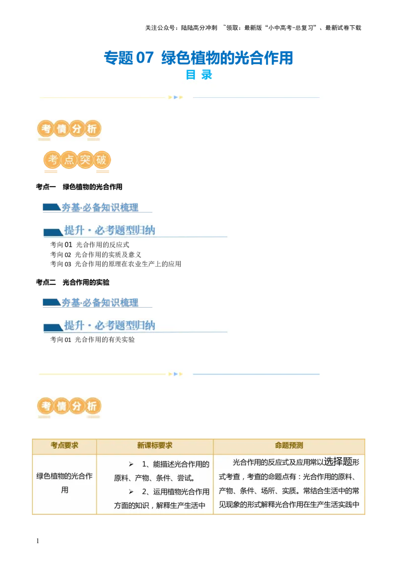 专题07绿色植物的光合作用（讲义）（原卷版）_02中考总复习（2026版更新中）_08-生物-中考总复习_2024年中考复习资料_一轮复习_❤2024年中考生物一轮复习讲练测（全国通用）_讲义