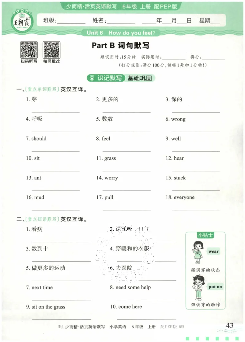 英语PEP版《王朝霞活页默写》6上（24秋）_26春四年级上下册人教版_四上英语合集人教版PEP英语四年级上册新教材（教学视频+课件+动画+音频+练习+教案）_17练习资料